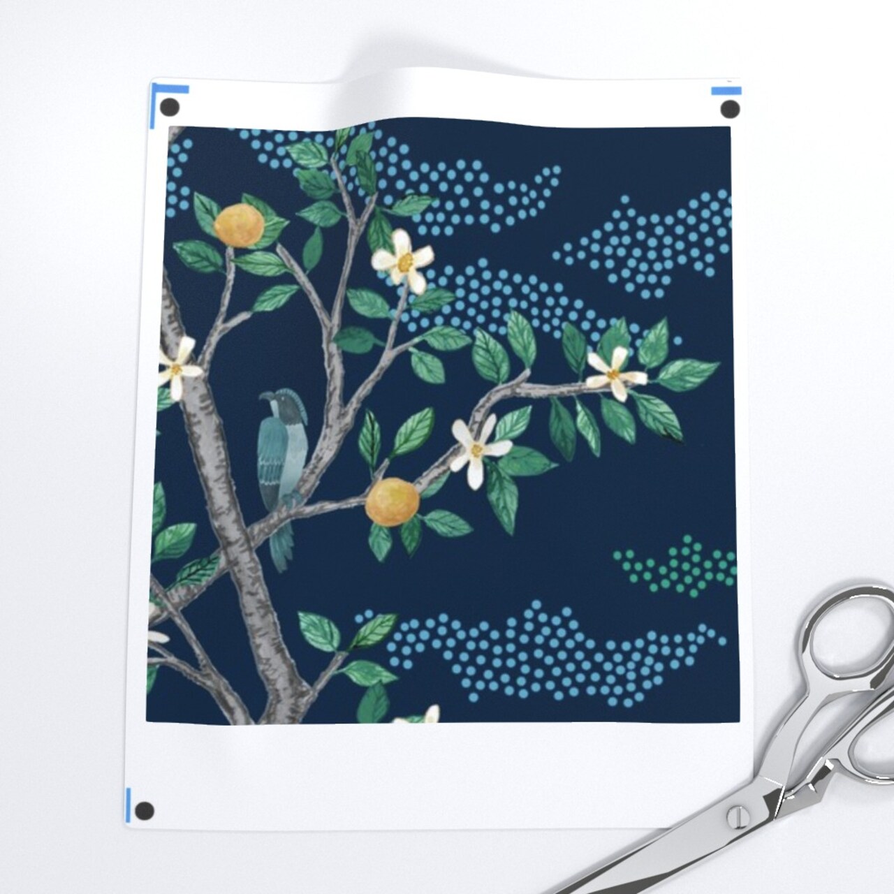 Orchard Toile Green Blue Birds Tree Large Scale Oranges Lemons Toile Chinoiserie Scenic Fruit Citrus Grove Custom Pre-pasted Wallpaper by Spoonflower Pre-Pasted Wallpaper 2FT Wide